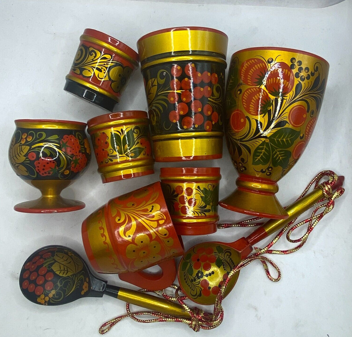 Khokhloma Russian Traditional Wooden Art Hand Painted Bowl, Mug, Cup Spoons 9pcs