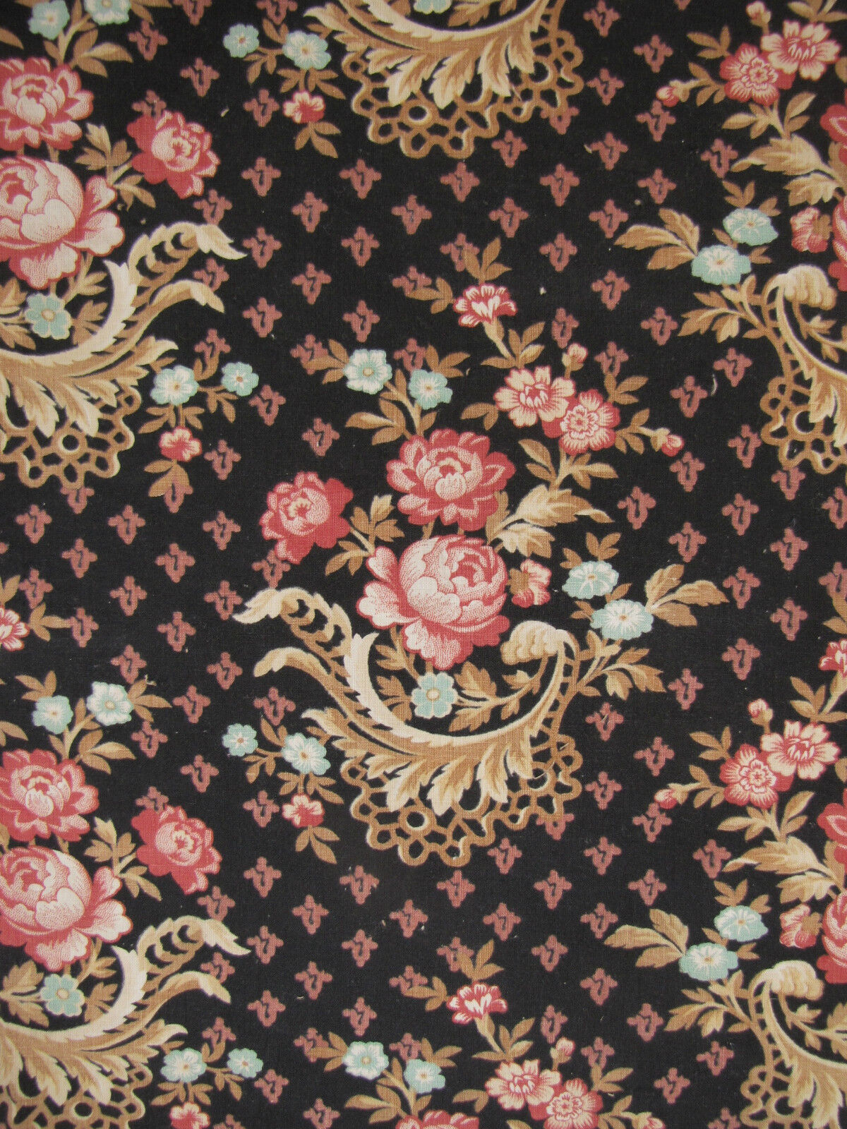 Antique French fabric c1880 Black Ground Floral Printed Rococo design textile