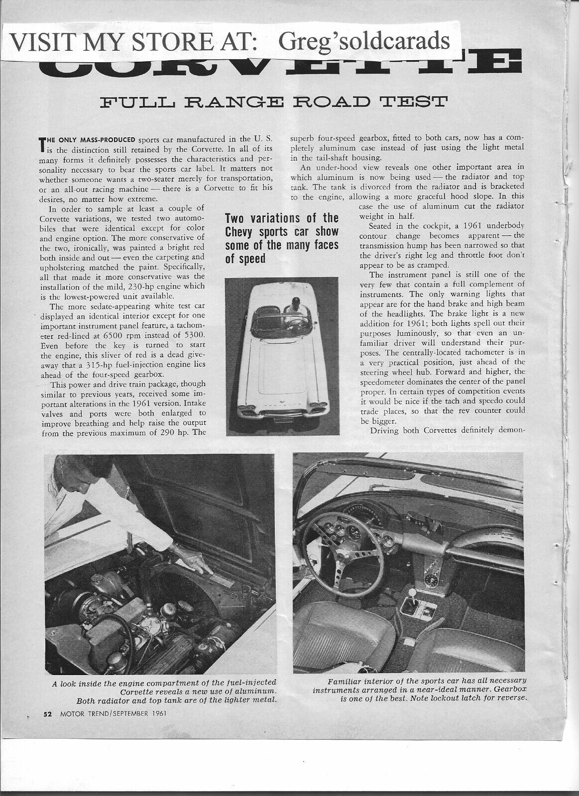 Original 1961 Corvette 315 h.p. 4 page road test - similar to vintage print ad