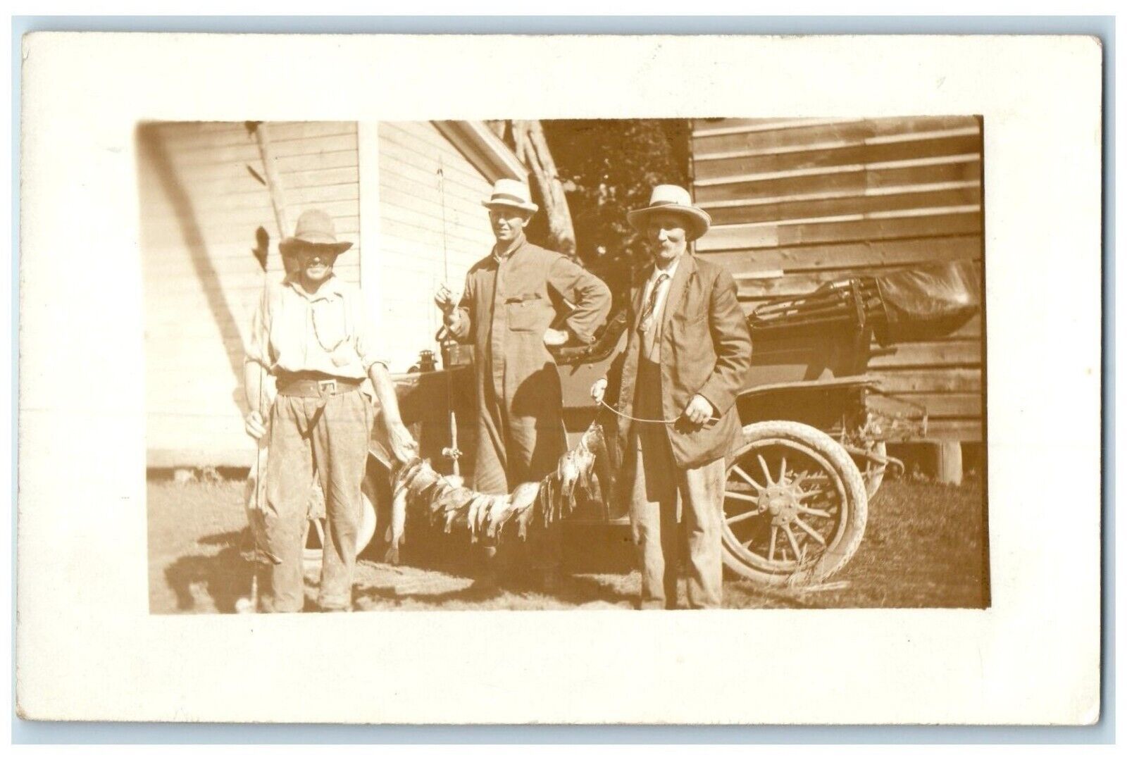 c1910's Men Fishing Catch Car Automobile RPPC Photo Unposted Antique Postcard