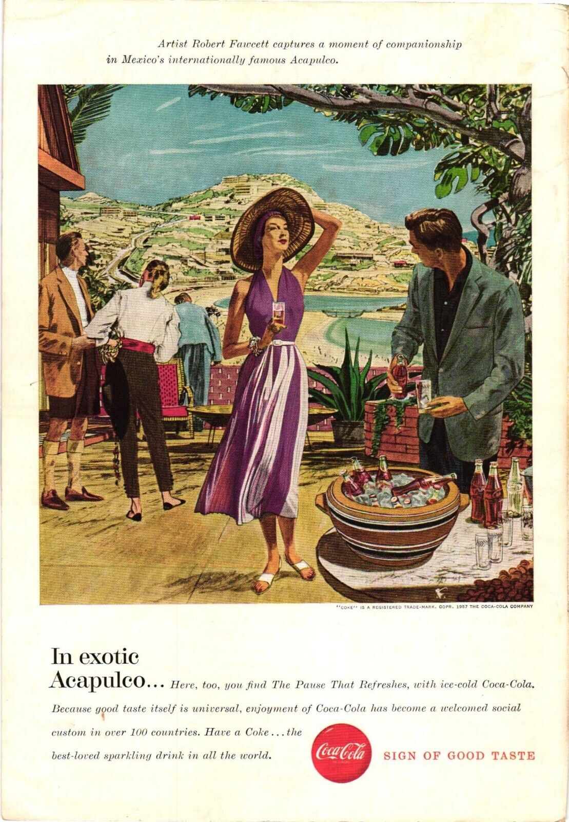 Coca Cola Print Ad ACAPULCO Mexico Artist Robert Fawcett Beach Romance c1957
