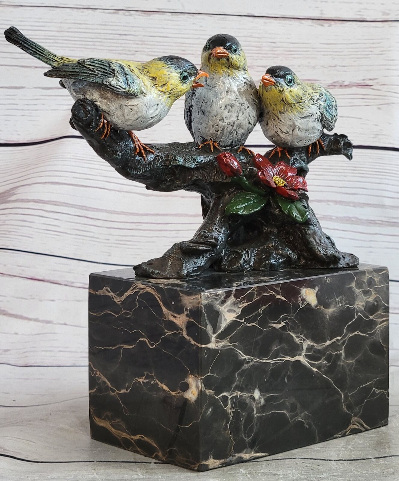 Goldfinches Warblers Three Little Birds on Branch Bronze Sculpture Figure Decor