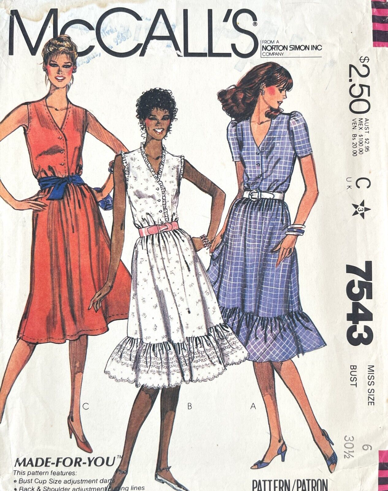 1980\'s McCall\'s Misses\' Dress Pattern 7543 Size 6 UNCUT