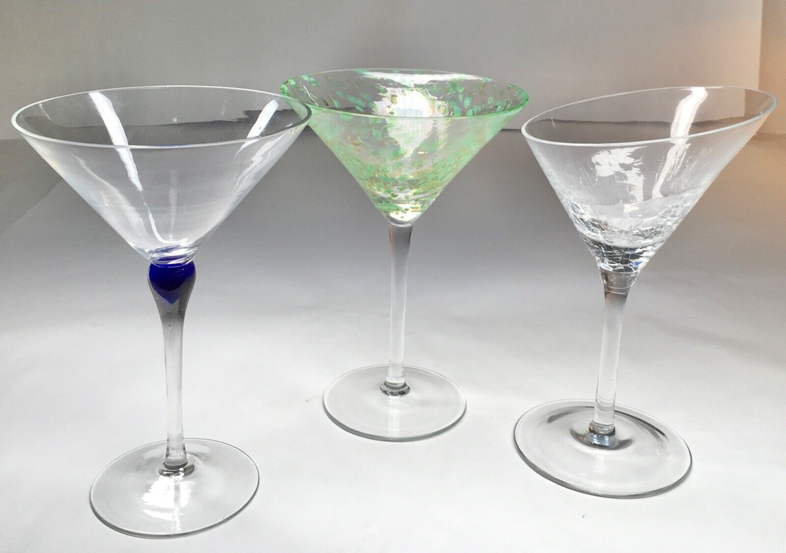 MisMatched Lot Of 3 Martini Glasses, Blue Teardrop, Confetti, & Angled Crackle.