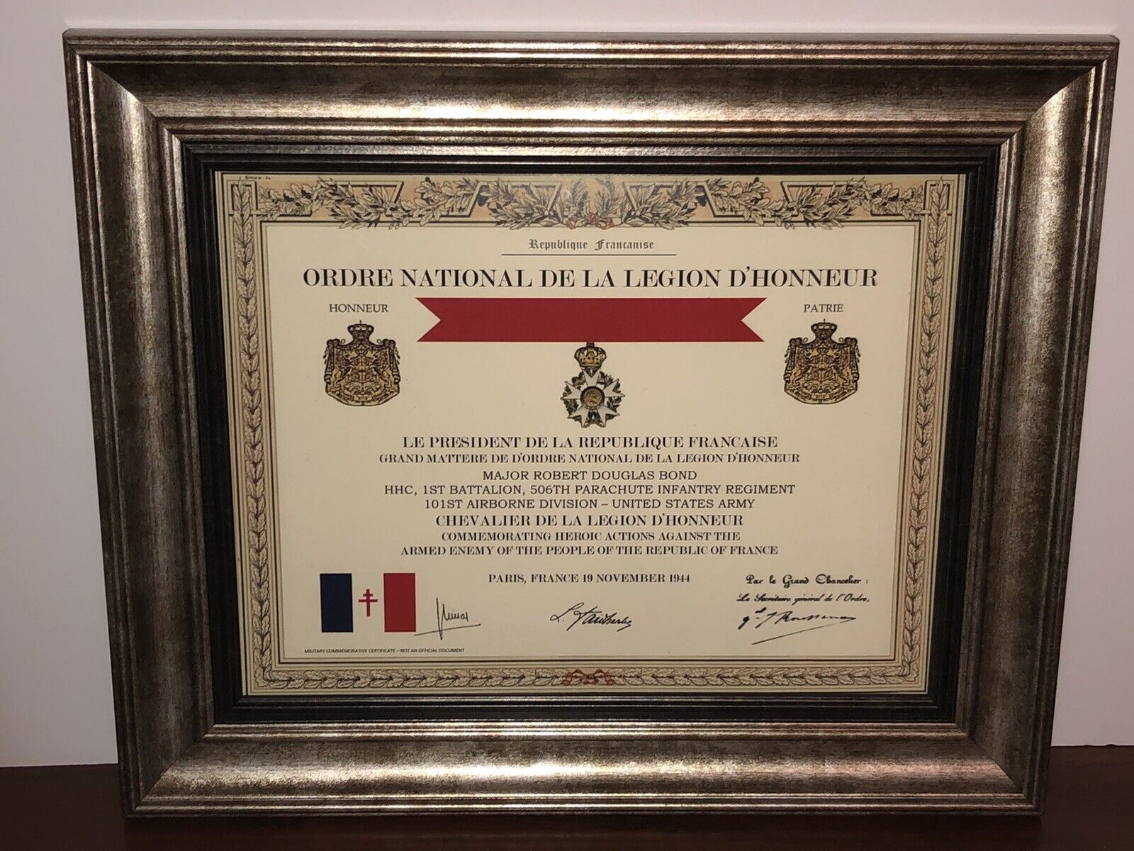 FRENCH LEGION OF HONOR COMMEMORATIVE MEDAL CERTIFICATE ~ Type 1