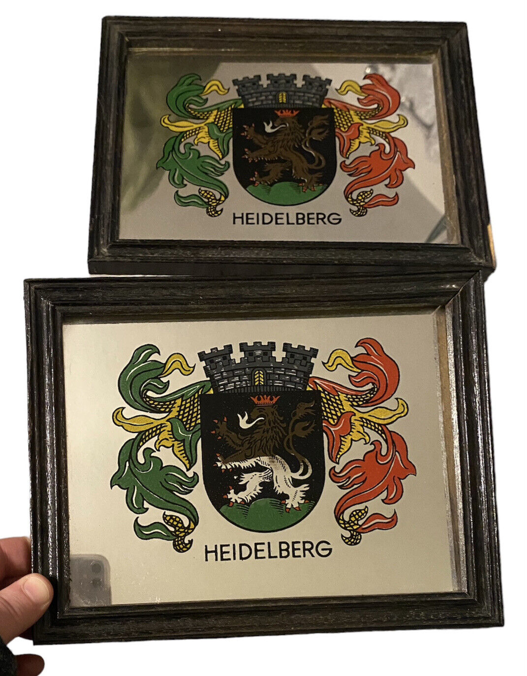 Heidelberg Beer Mirrored Signs Lion Coat of Arms Vintage Art Germany Set Of 2