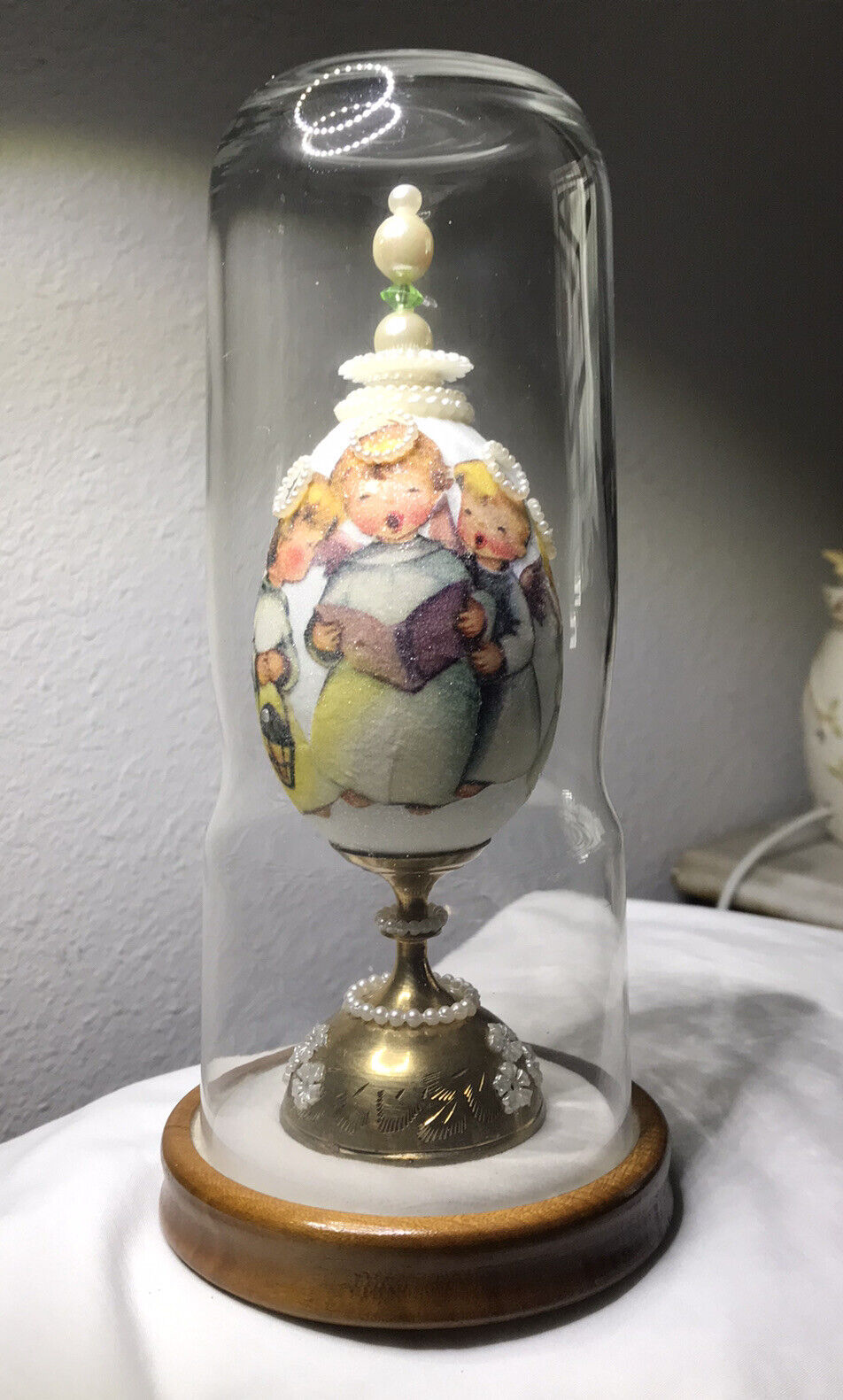 Vintage OOAK Christmas Angel Assemblage In Glass Cloche ~ Pearls Brass ~ 8 1/2”