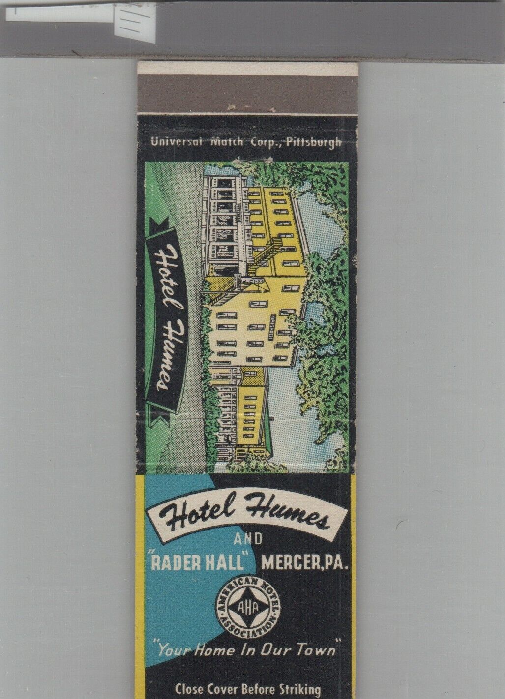 Matchbook Cover Hotel Humes And Rader Hall Mercer, PA