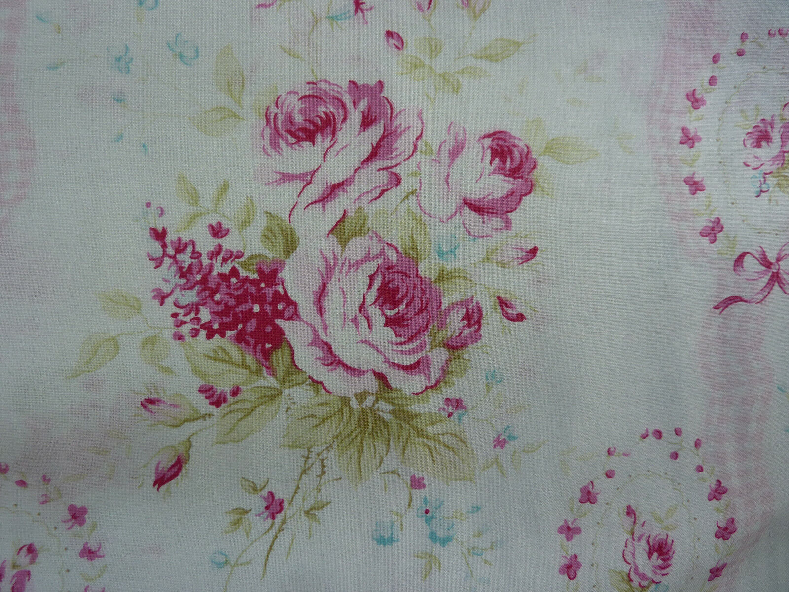 Yuwa Victorian Sweet Sue Pink Roses on White  Cotton Fabric Collectible HTF 1 Yd