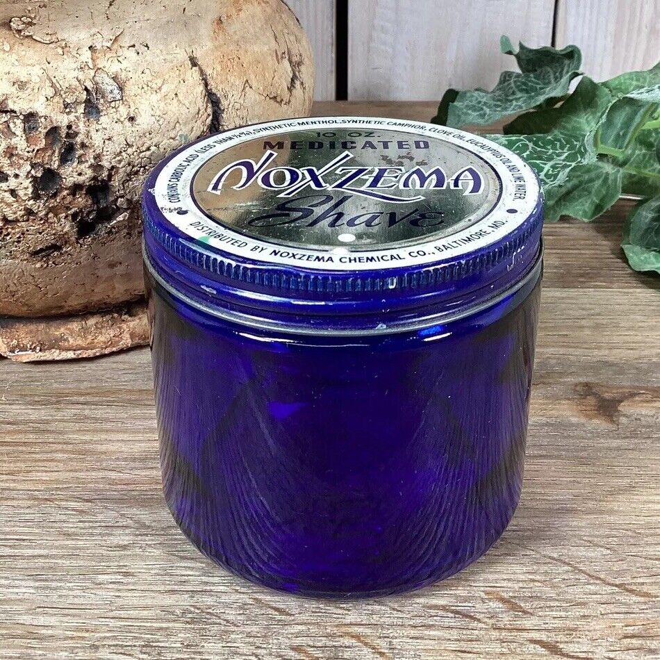 Vintage Noxzema Shave Jar Glass Cobalt Blue, Tin Lid, Embossed Bottom, 10 Oz
