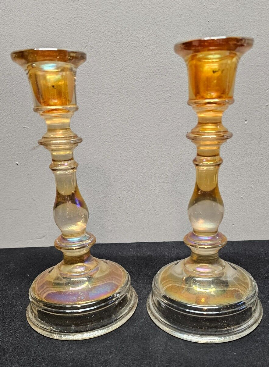 PAIR OF ANTIQUE 1920\'s IMPERIAL GLASS MARIGOLD CARNIVAL CANDLESTICKS 8.5”