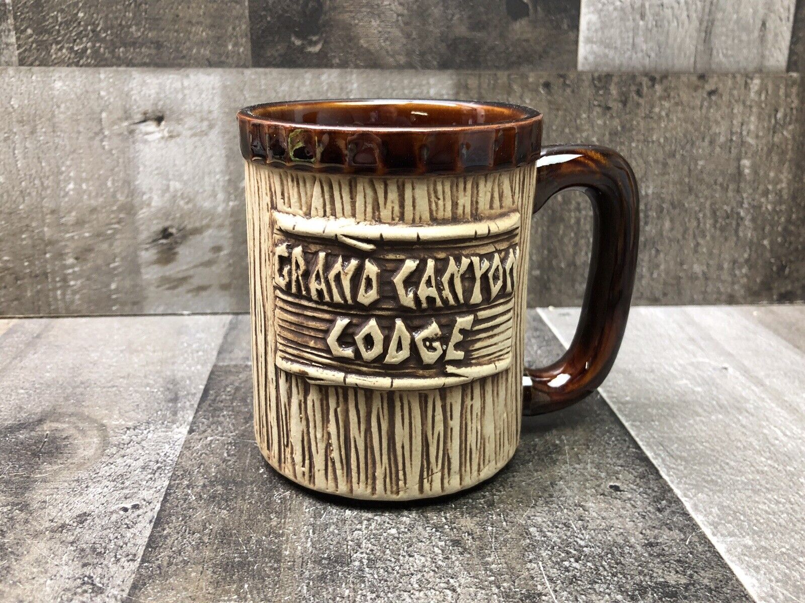 Rustic Grand Canyon Lodge North Rim Coffee Mug Wooden Look EXCELLENT CONDITION