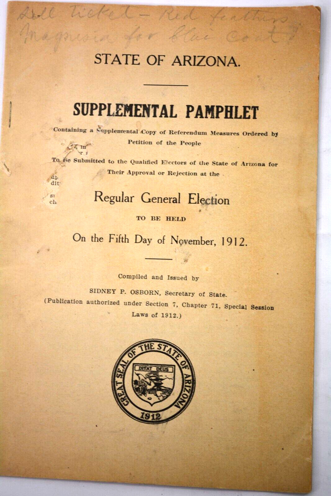 Scarce State of Arizona Supplemental Pamphlet for Election on Nov 12,1912 1st el