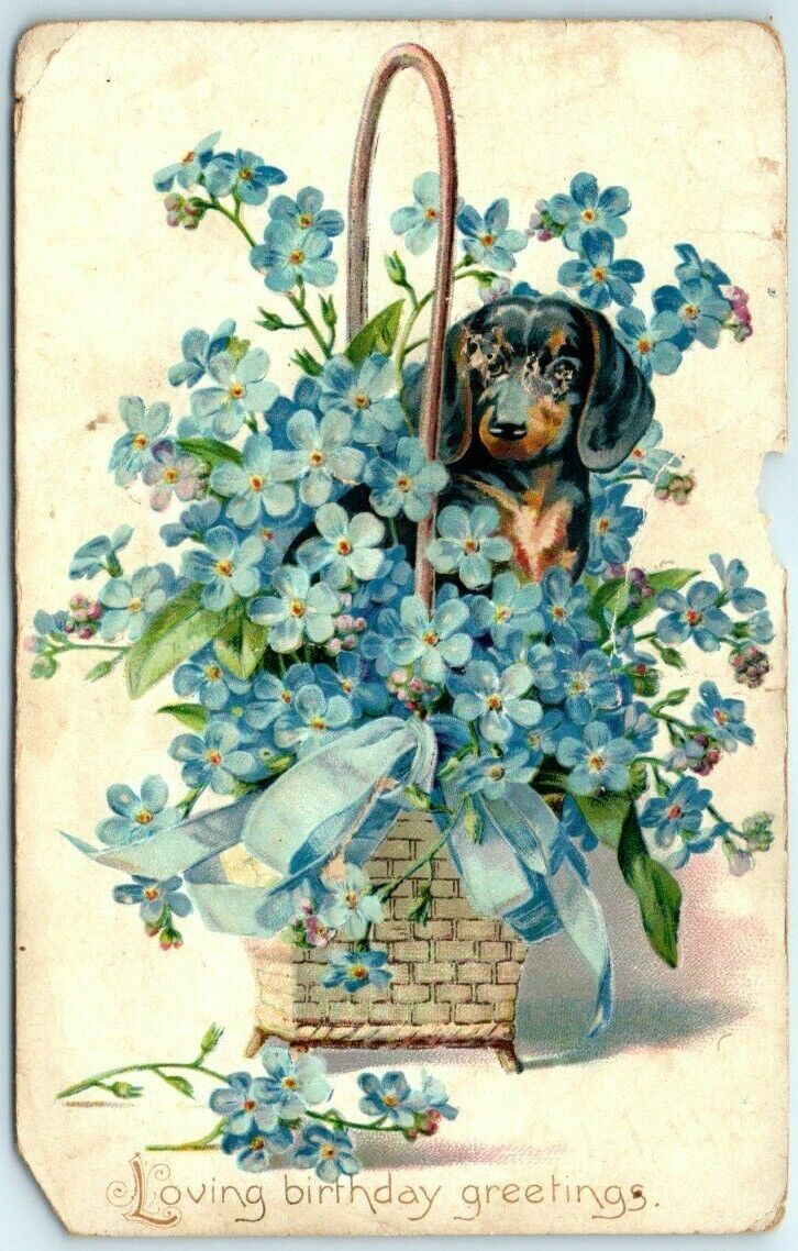 Postcard - Loving birthday greetings - Basket of Flowers and Puppy Art Print