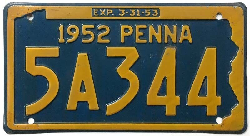 Pennsylvania 1952 License Plate 5A344 Original Paint DMV Clear