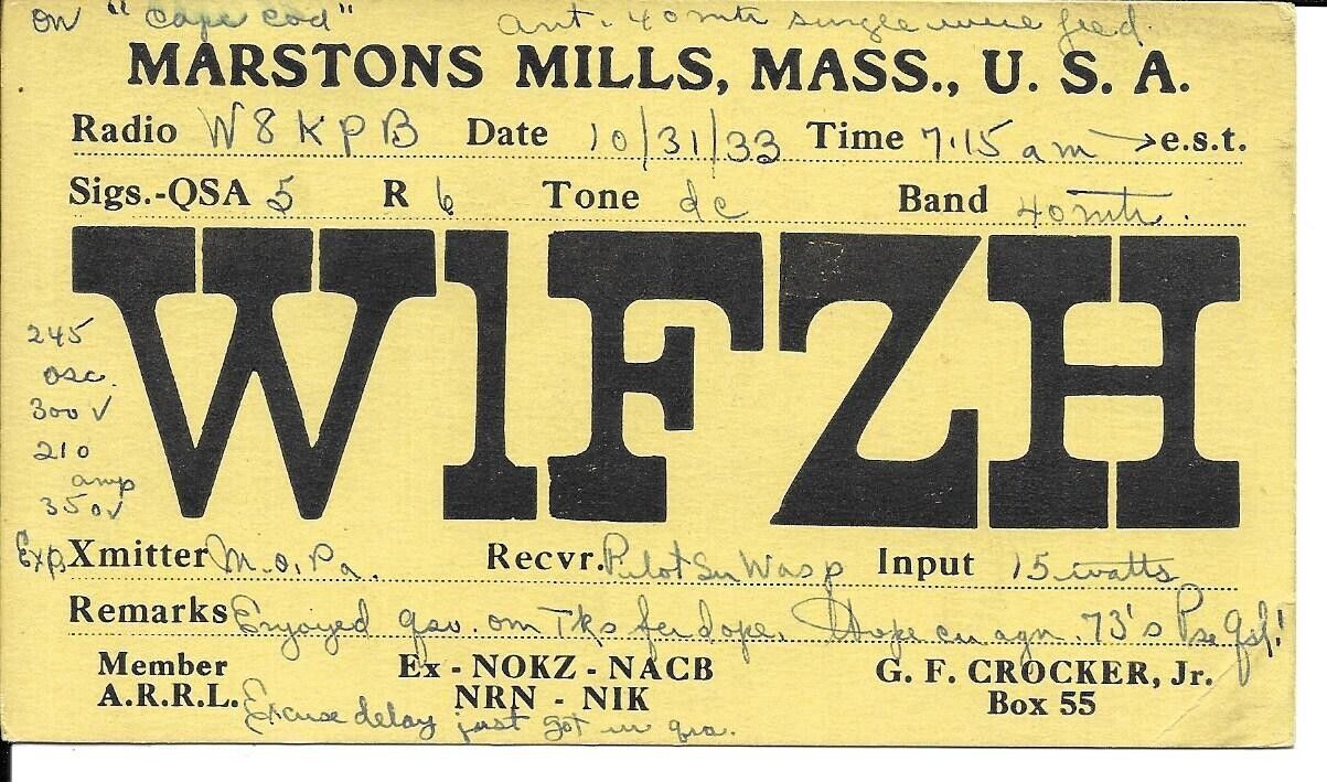 QSL 1933 Marstons Mills MA  Cape Cod      radio card