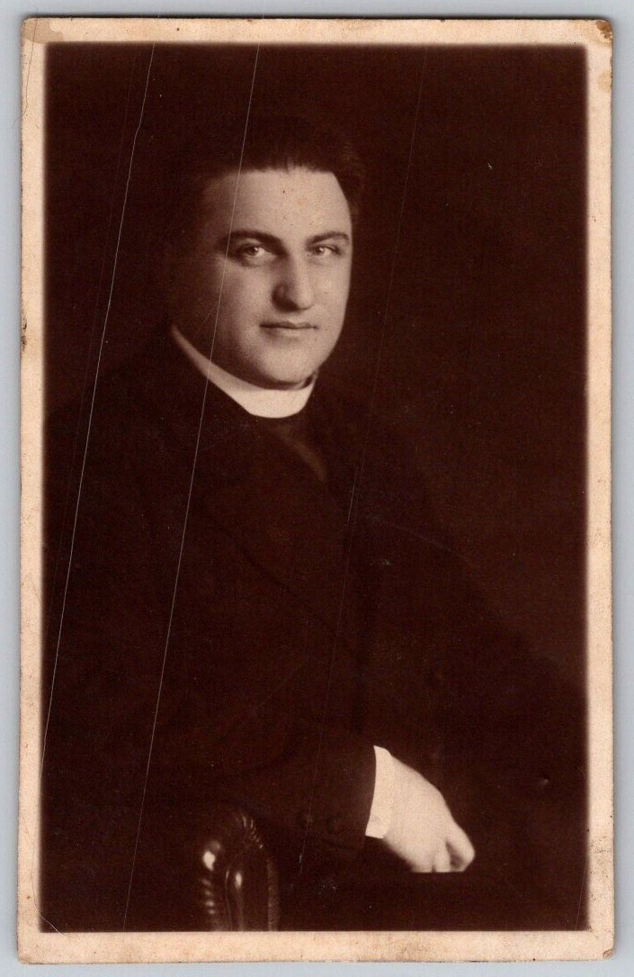 Vintage portrait of priest father RPPC Postcard damaged