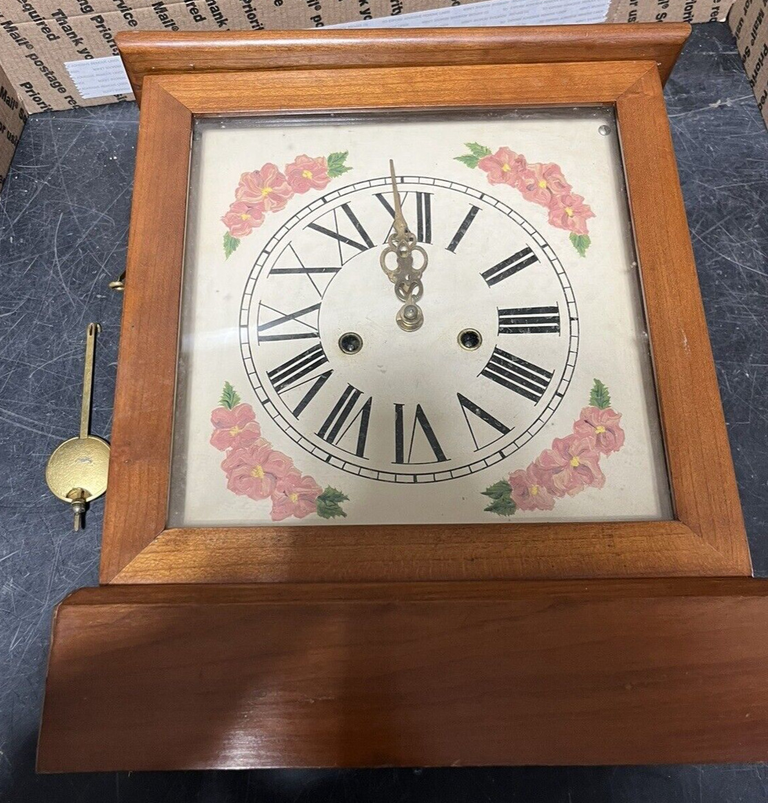 Nice Vintage Handmade Cherry Wood Mantel Clock With Key A Must Have