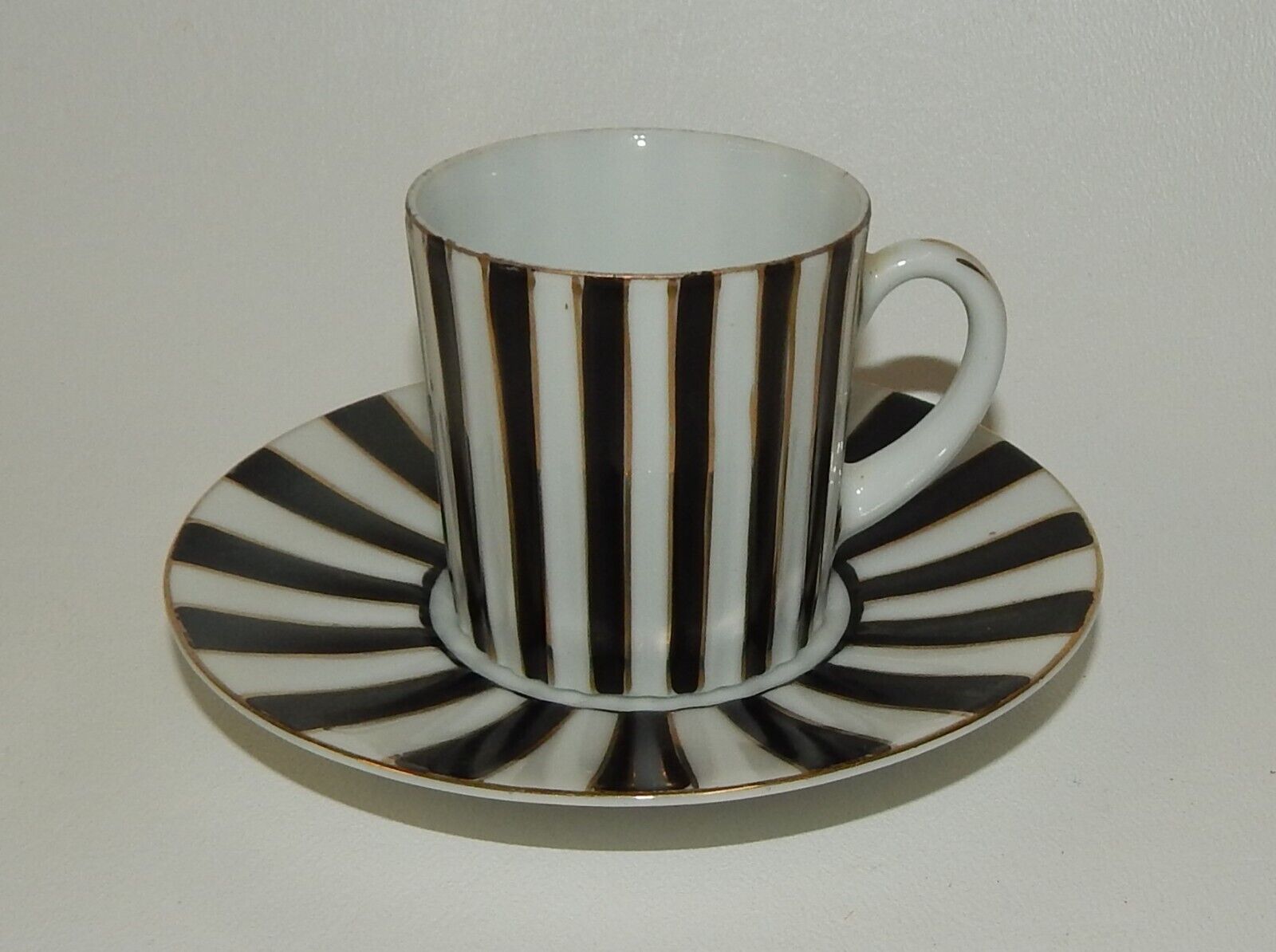 Vintage Interco Chicago Japan Black & White Striped Demitasse Cup & Saucer Set