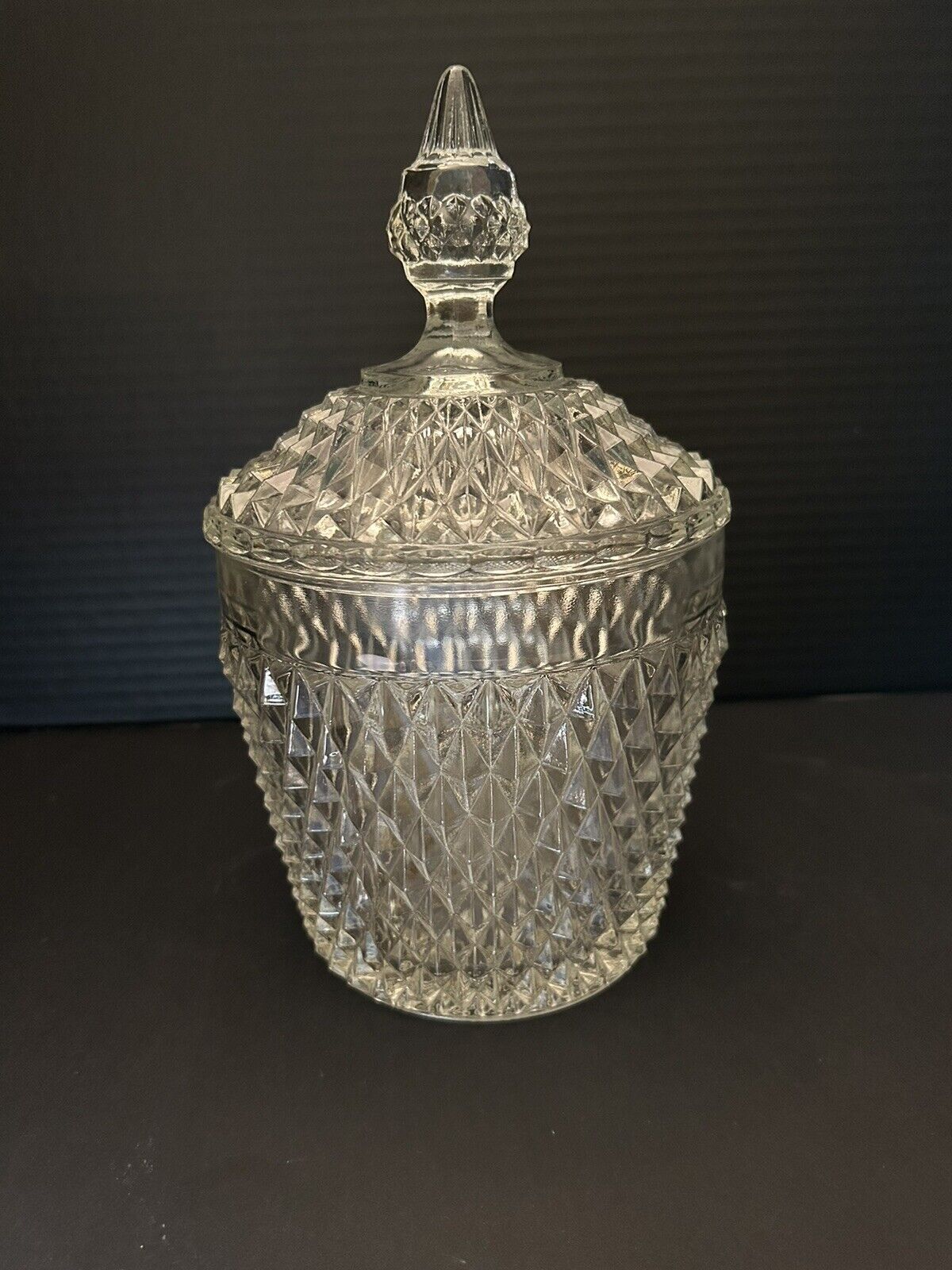 Vintage Art Deco Indiana Glass Diamond Cut Ice Bucket/Candy Dish w/Original Lid