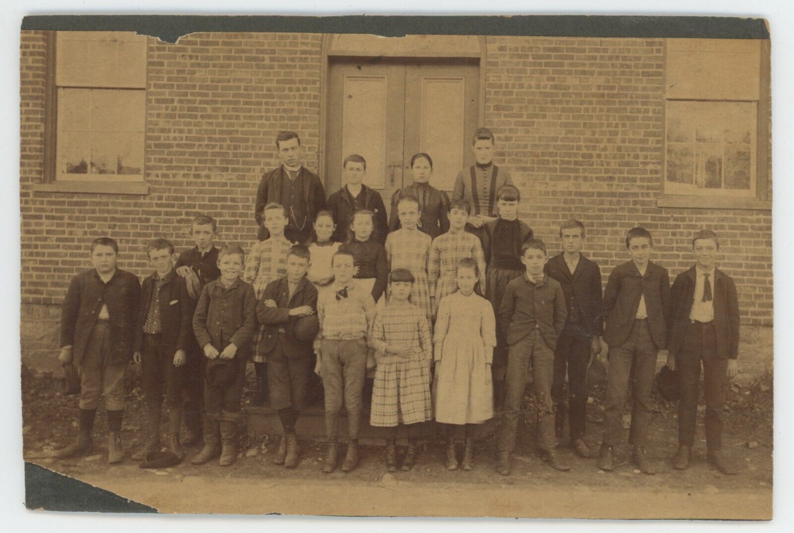 Antique c1900s Mounted Photo Group of School Children Outside School Building