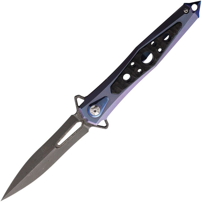 Defcon JK Series Stilleto Folding Knife Purple Ti Handle Damascus Plain TF4392-2