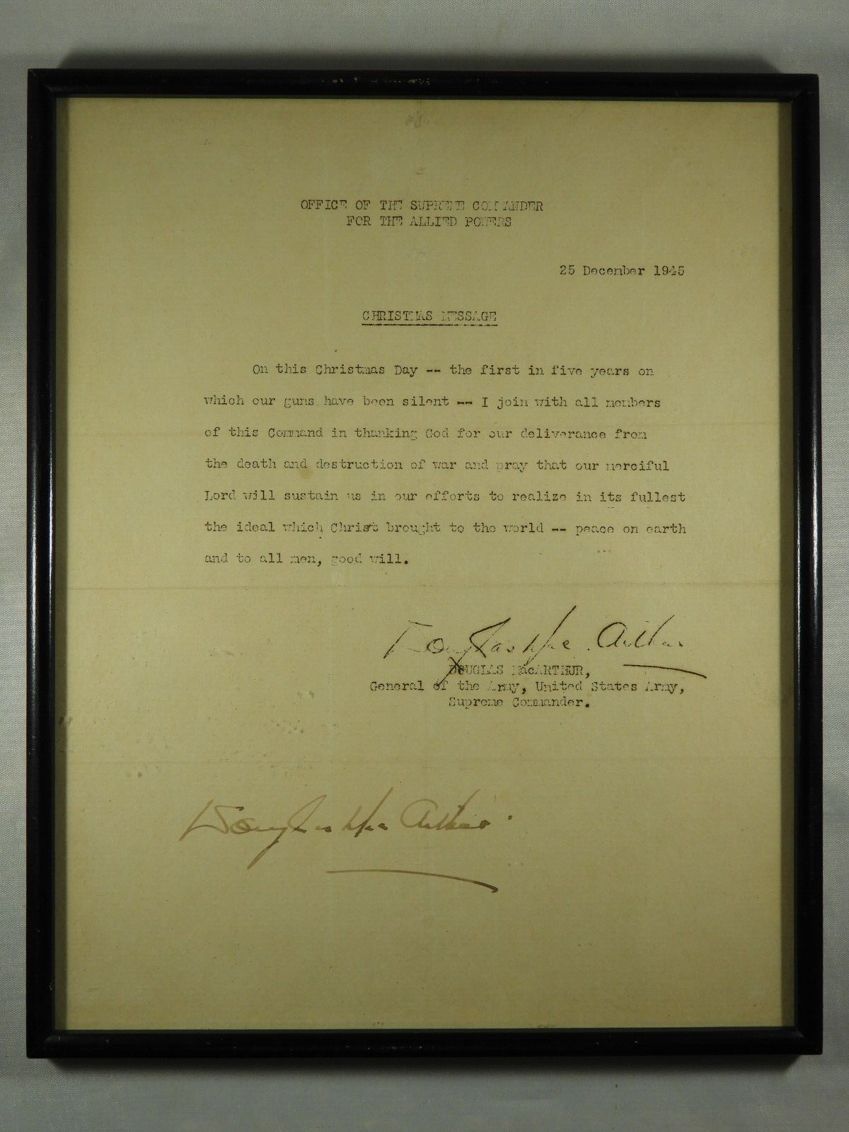 Historically Important End of World War II Message SIGNED by Douglas MacArthur