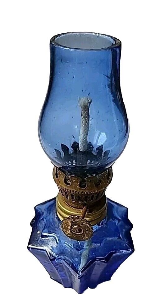 Vintage Mini Blue Glass 4” Oil Lamp - Hong Kong