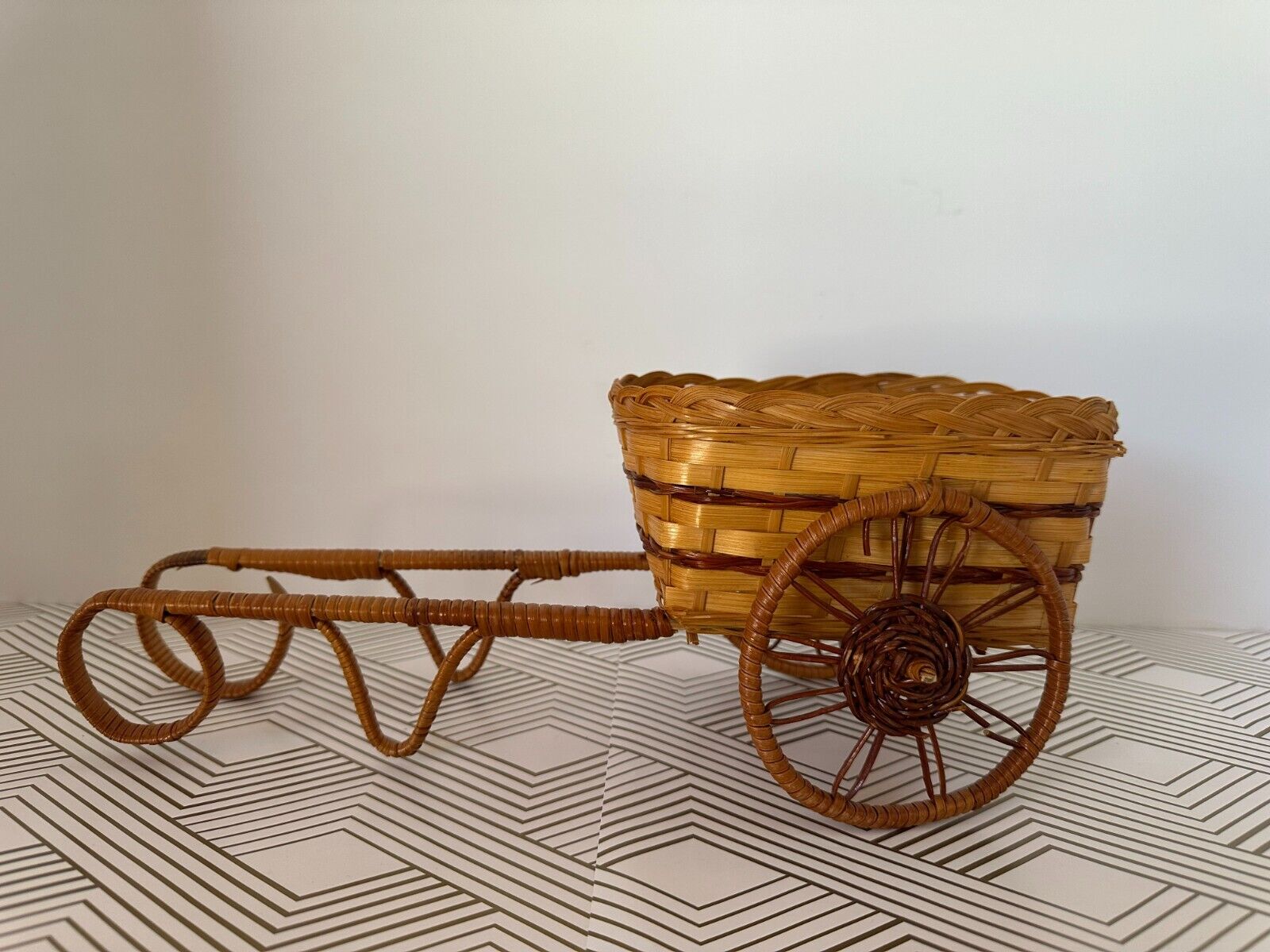 Vintage Small Hand Woven Wicker Basket Wheelbarrow Cart Floral Shelf Decor