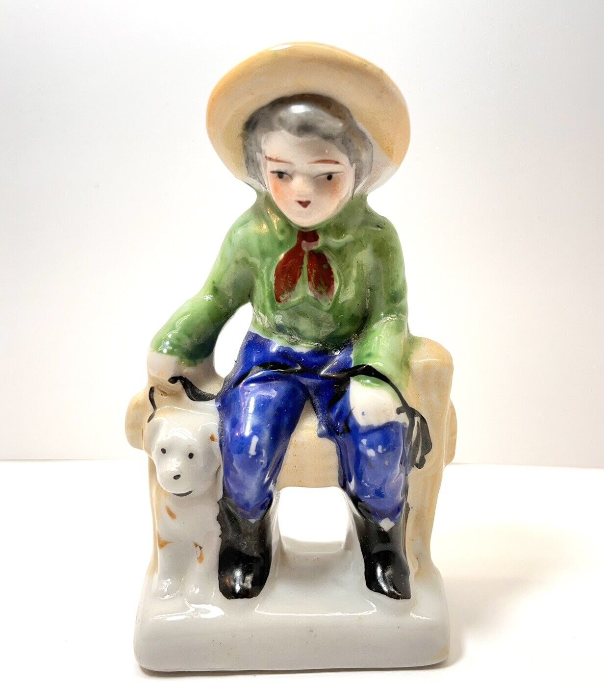 Cute Vintage COWBOY Child with DOG Porcelain Occupied Japan [REPAIRED]