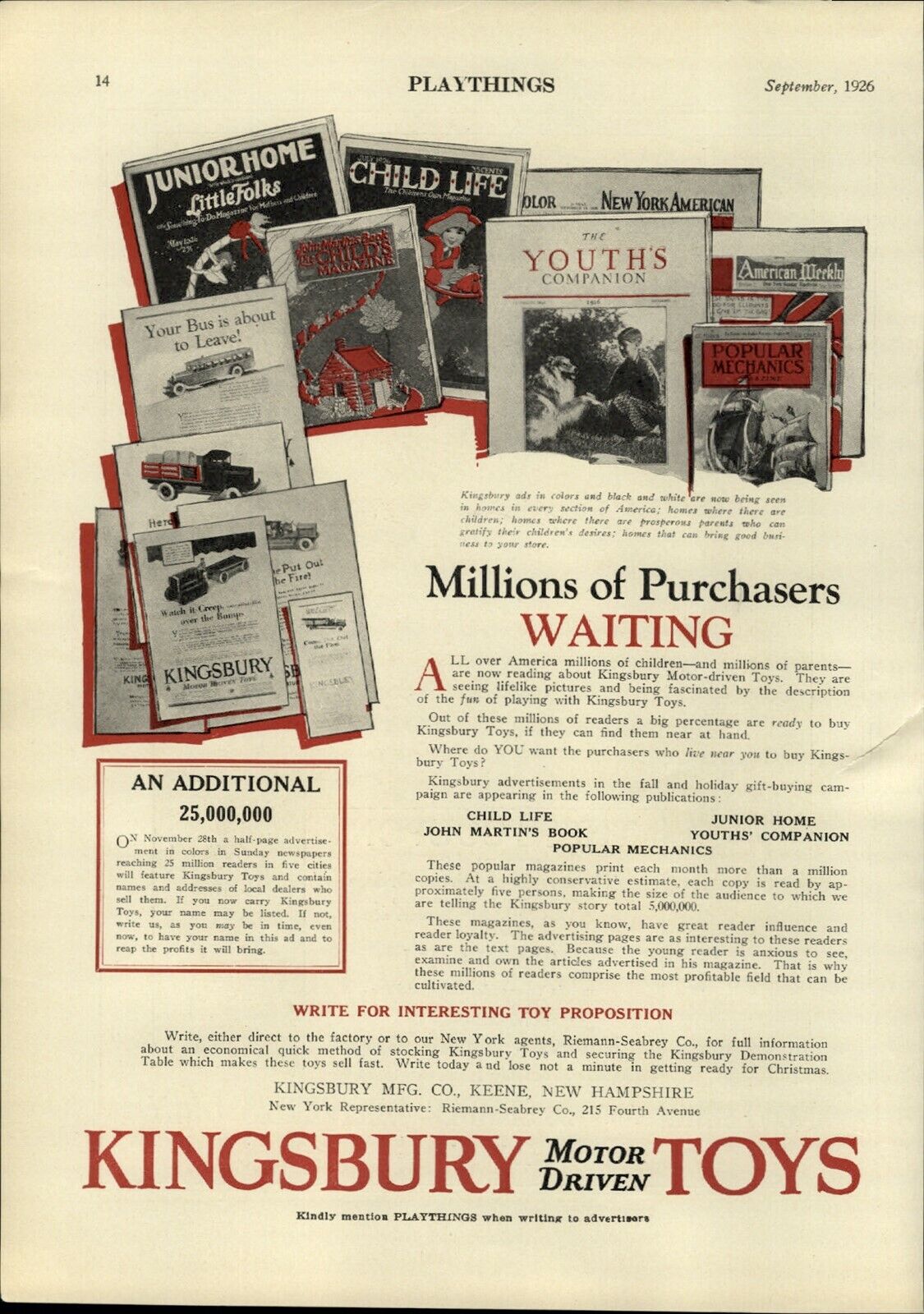 1926 PAPER AD Kingsbury Motor Driven Toys Trucks Truck Magazine Advertising