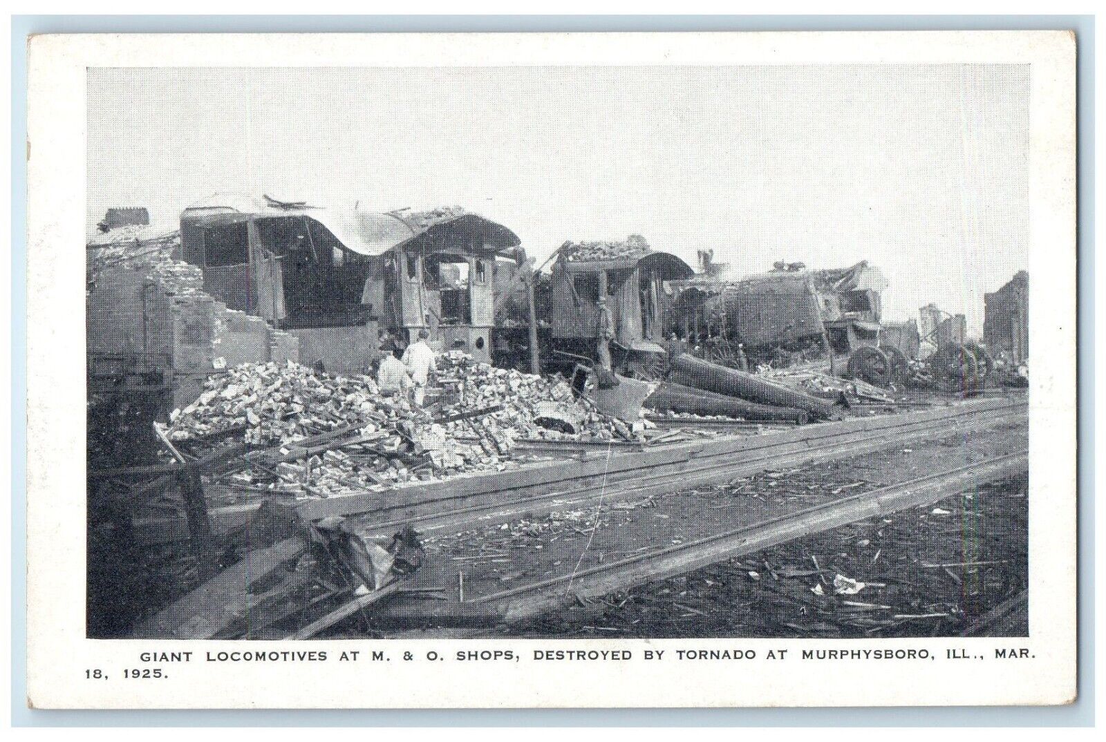 Giant Locomotives At M & O Shops Destroyed Tornado At Murphysboro IL Postcard