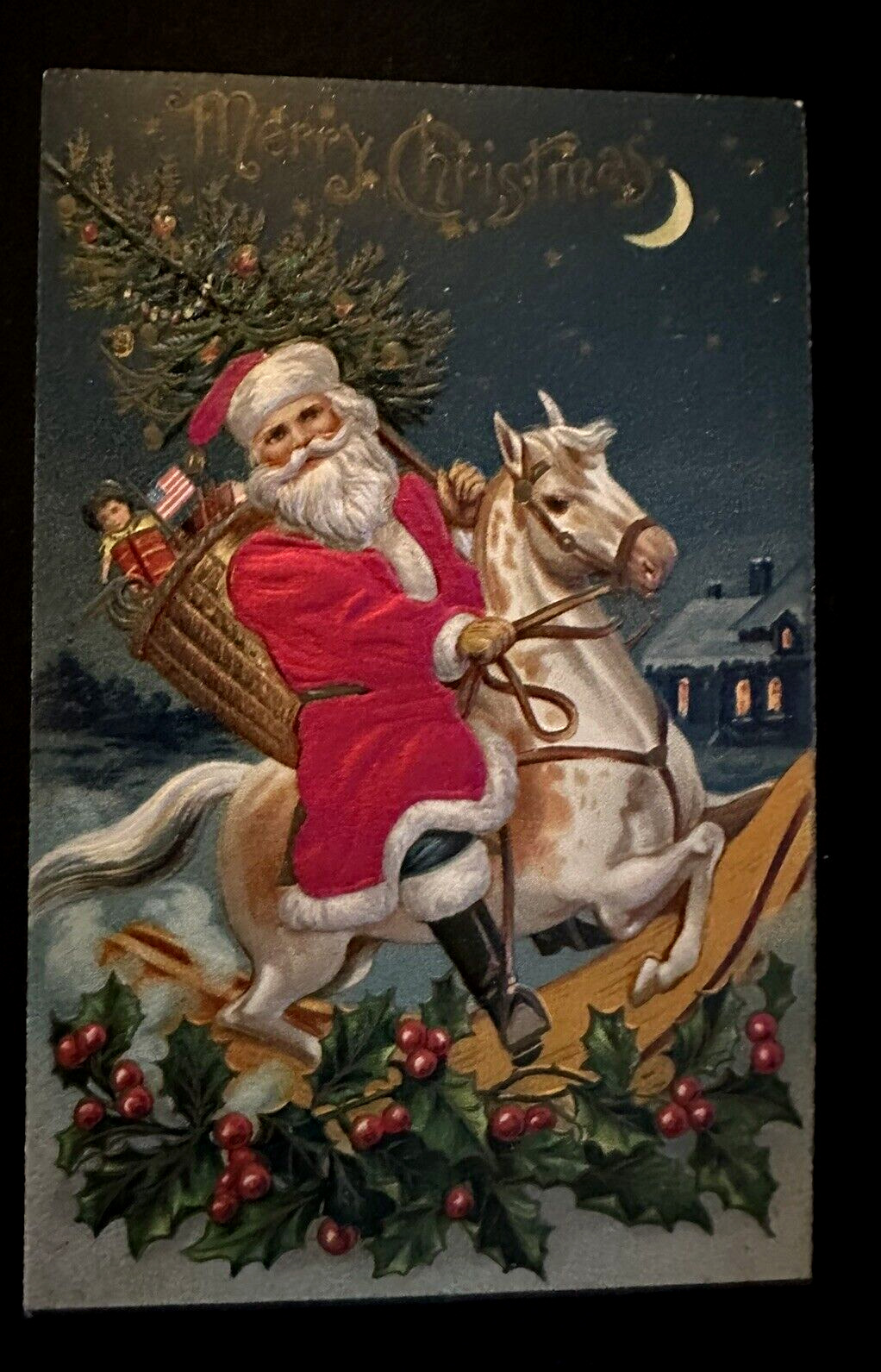 SILK Santa Claus on Horse w. USA Flag~Antique~Patriotic~Christmas Postcard~k731