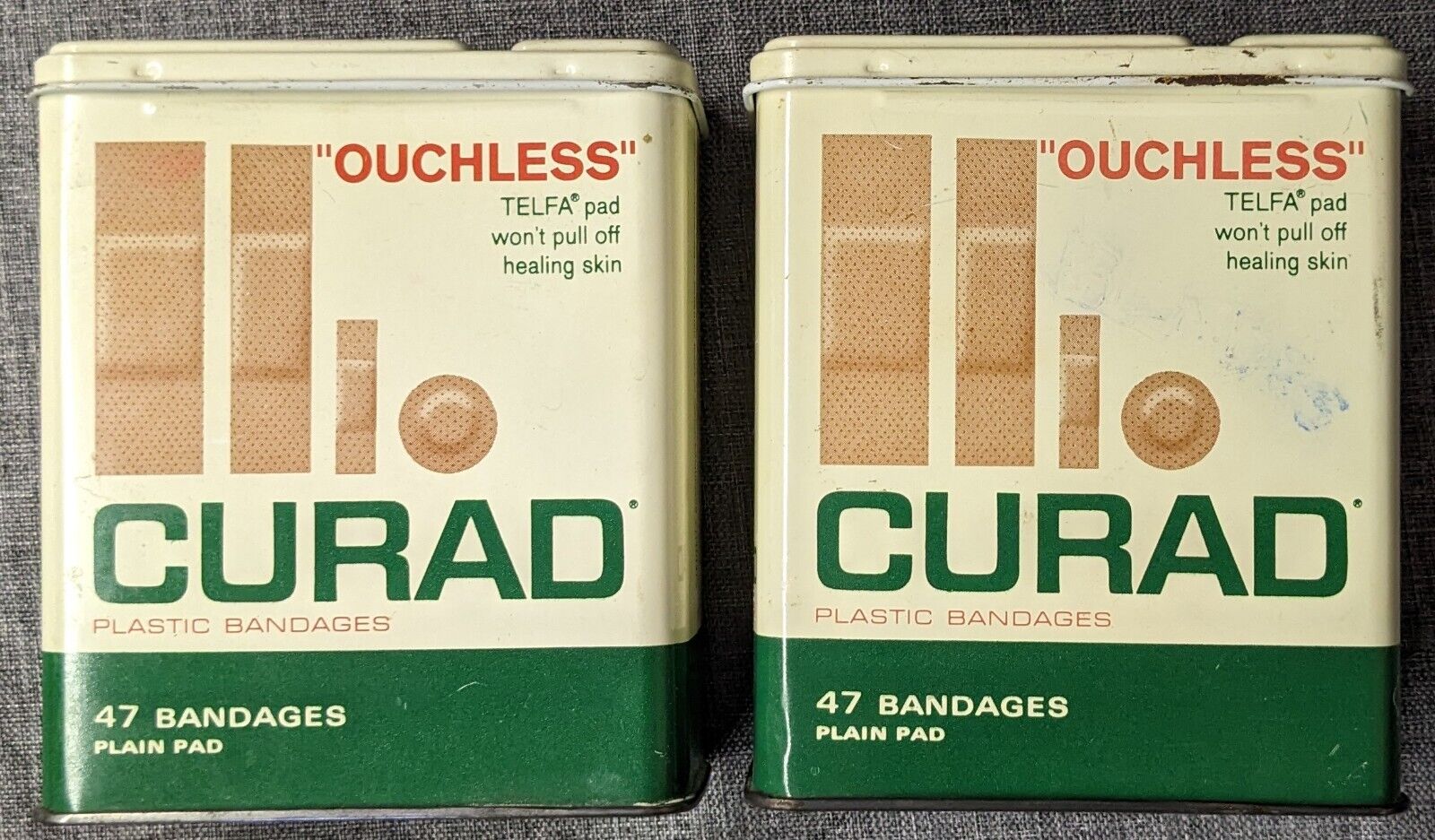 Lot Of 2 Vintage CURAD Plastic Flesh Bandages Tin Metal Container Box 69 Cents