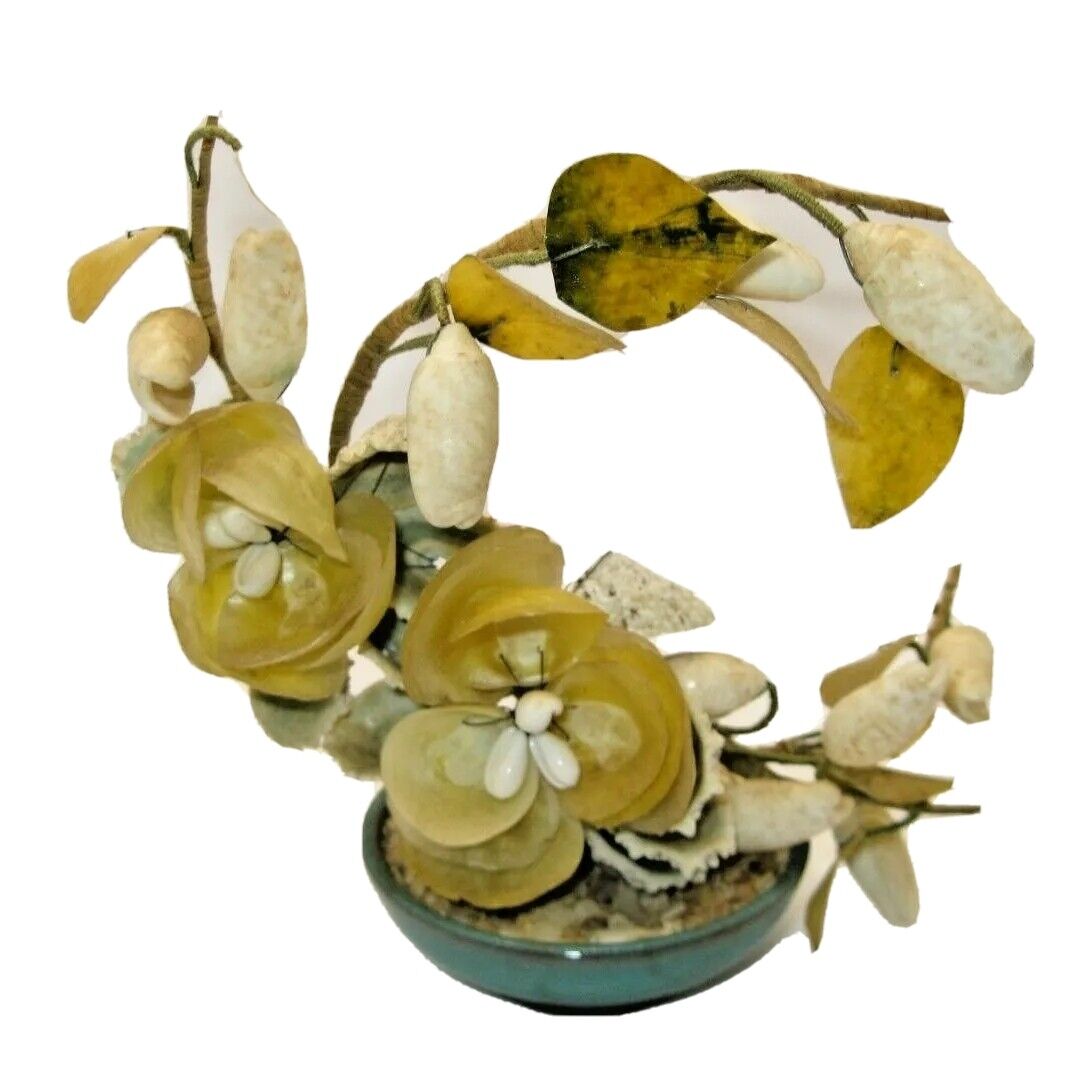 Vtg Shell Art Bonsai Tree Plant Gold Yellow Flowers Leaves Teal Ceramic Dish 6\