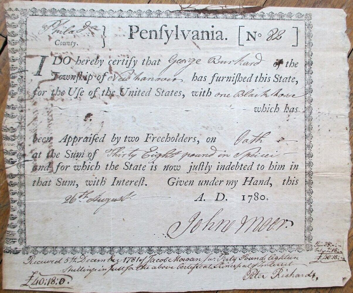 Revolutionary War 1780 \'Horse Bond\' / Appraisal Certificate - New Hanover, PA