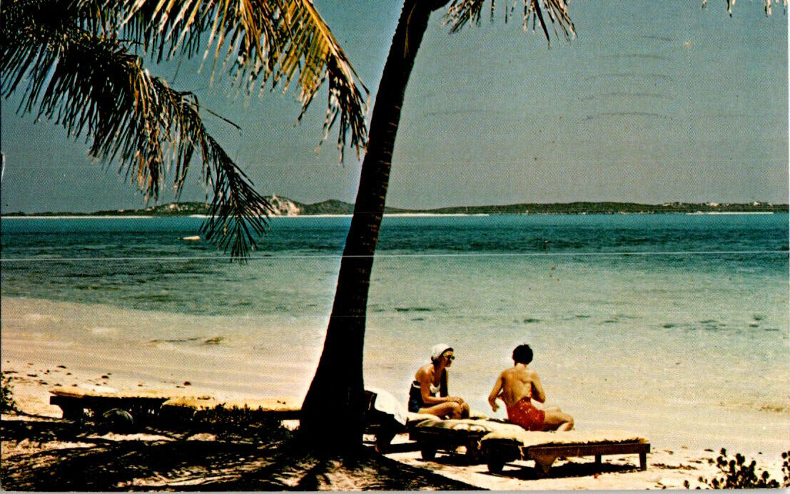 Bahama Beach postcard. Cancel 1974 Nassau, Bahamas Out Island Inn
