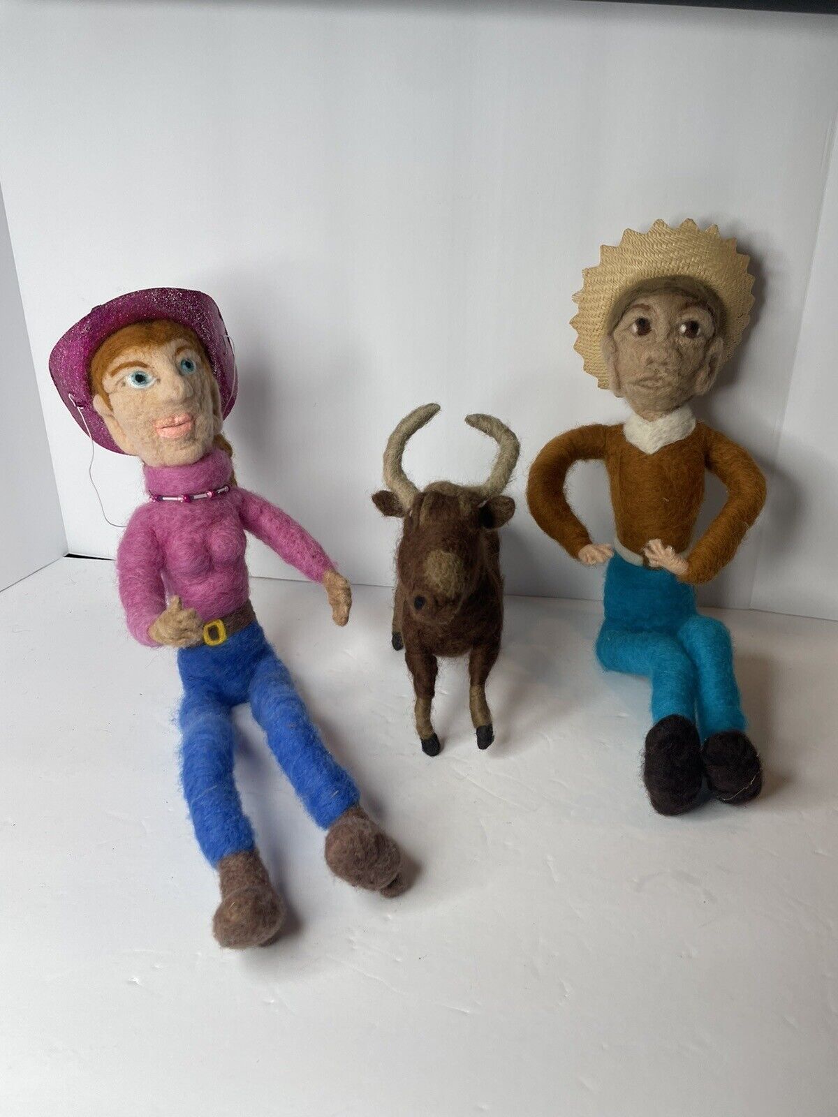 3 Folk Art Felted Toys Bull, Cowboy, Cowgirl Hand Made Posable 15” Doll