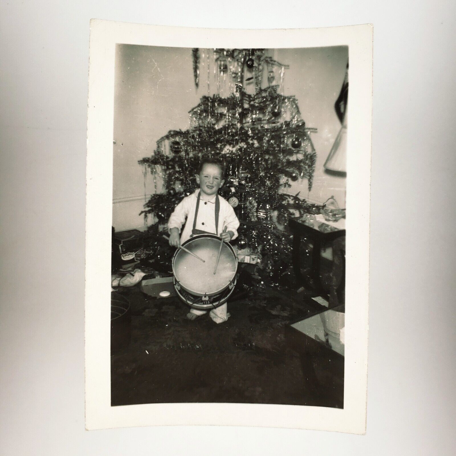 Little Drummer Boy Christmas Photo 1940s Tree Morning Mayhem Musician Kid B3082