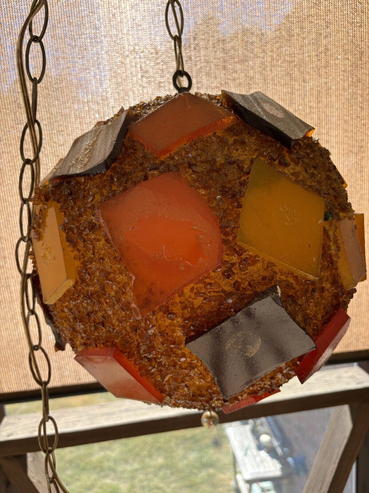 MCM Chunky Lucite Swag Lamp Vintage Brown Orange Yellow Rock Candy 13” Sphere