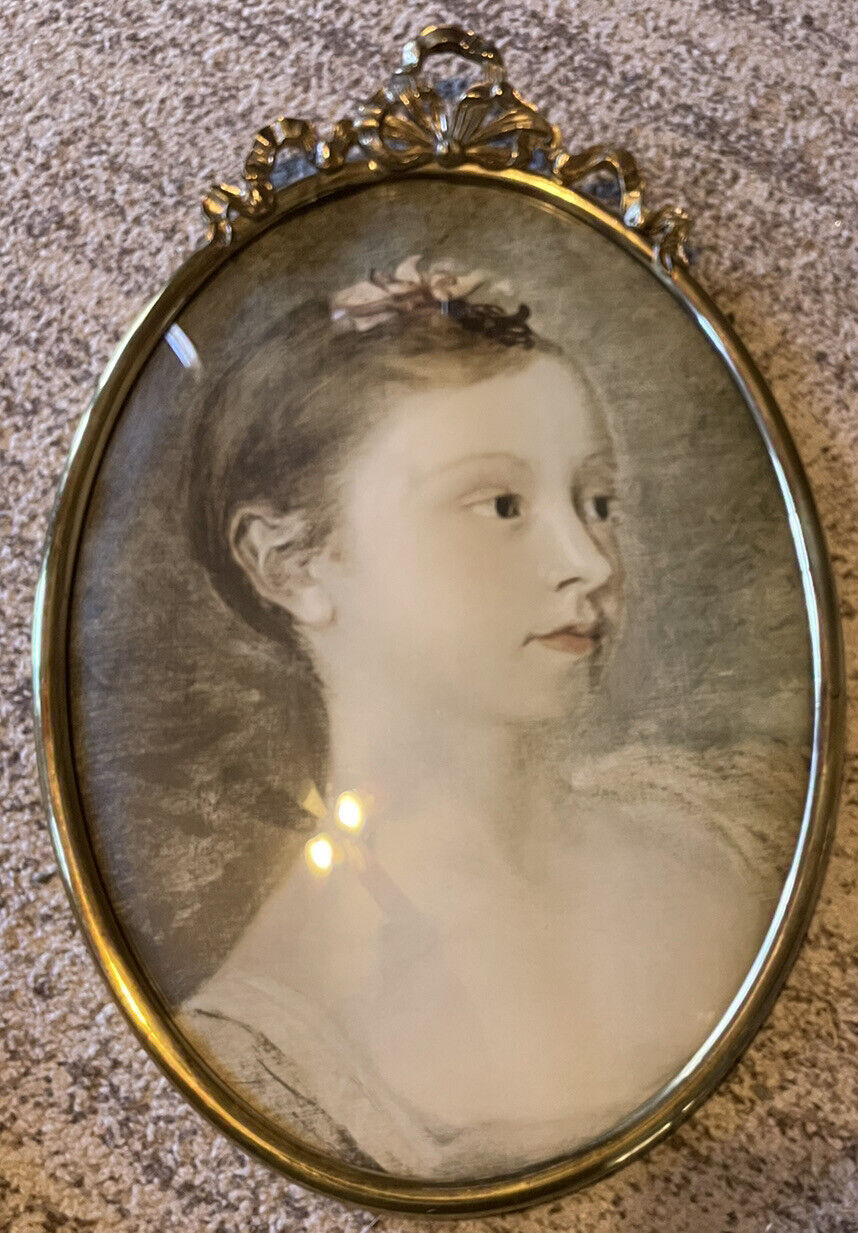 Antique Victorian Oval Brass Metal Convex Bubble Glass Portrait, 16 1/2” X 12