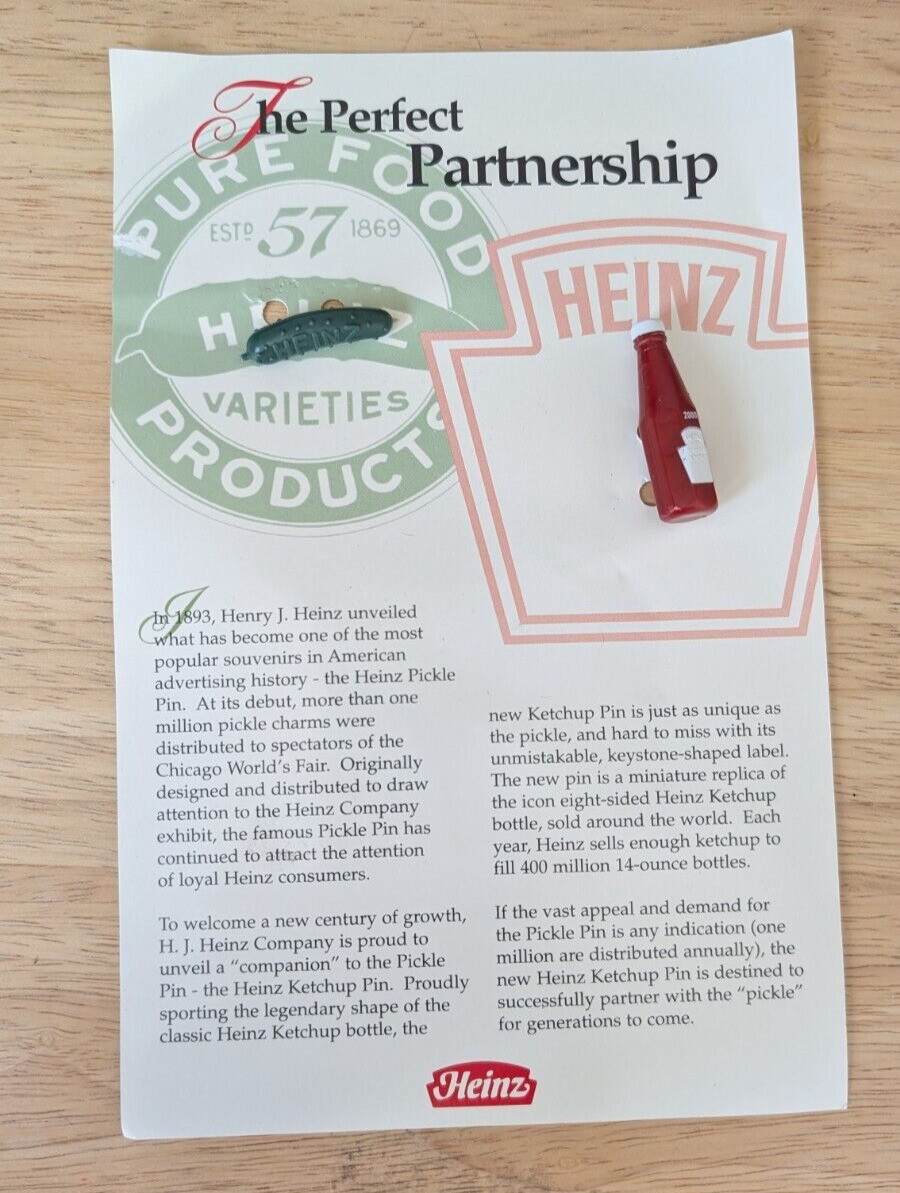 Authentic Heinz Advertising Plastic Pickle & Ketchup Bottle Pins, 2000, on Sheet