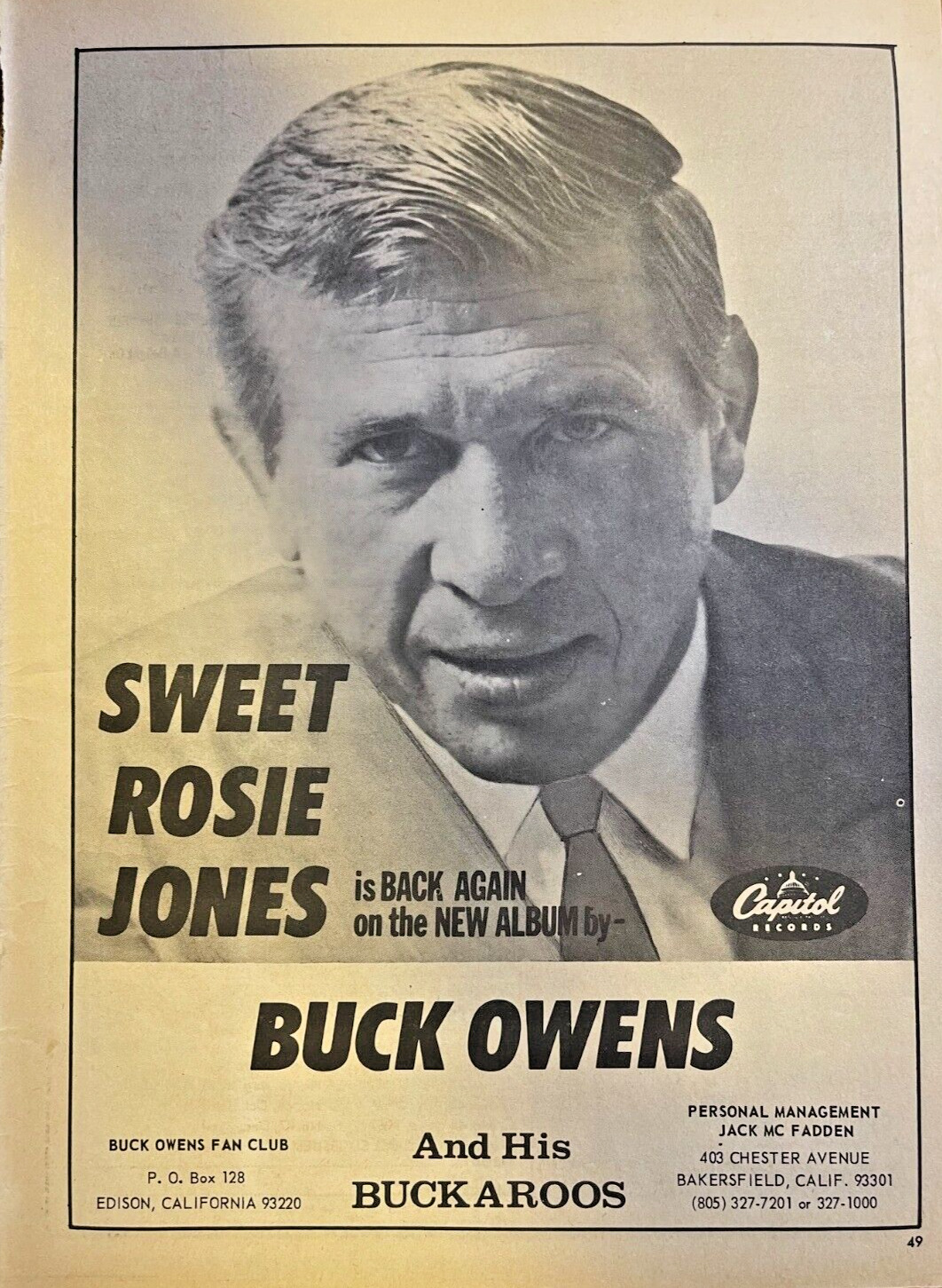 1968 Vintage Advertisement Buck Owens Album Sweet Rosie Jones
