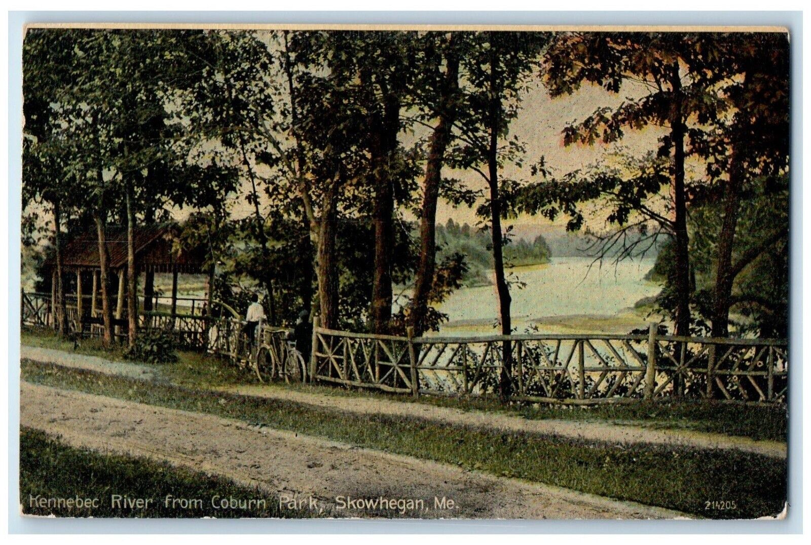 c1910 Kennebec River Coburn Park Bicycle Trees Skowhegan Maine Vintage Postcard
