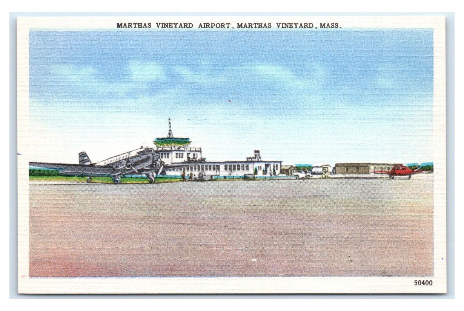 Postcard Martha\'s Vineyard Airport, Martha\'s Vineyard, Mass linen T4 B