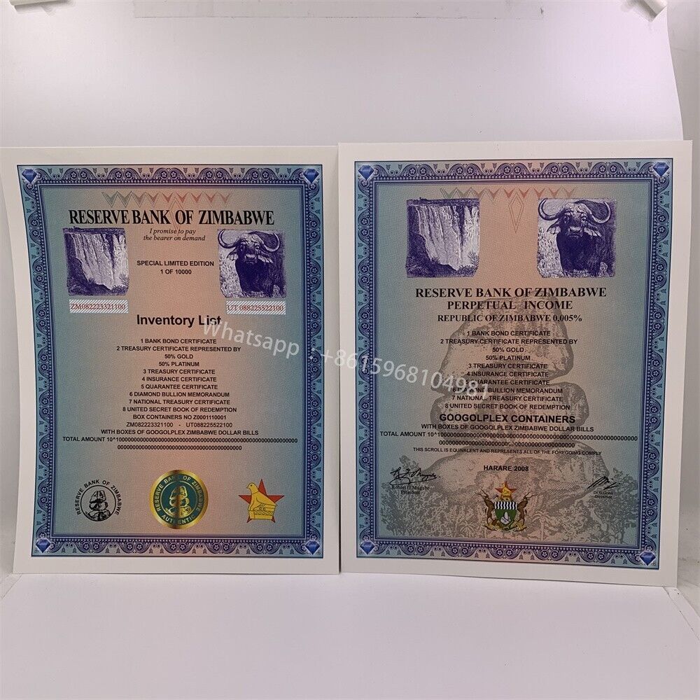 1PC Zimbabwe Googolplex Containers Dollar Large Certificate Paper Collectibles