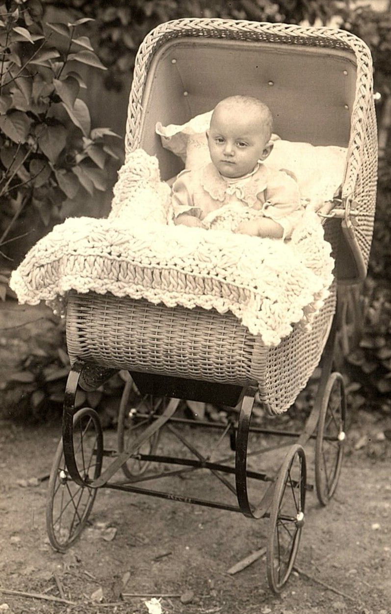 c1915 CUTE BALD BABY FANCY WICKER STROLER PHOTO AZO RPPC POSTCARD 43-178