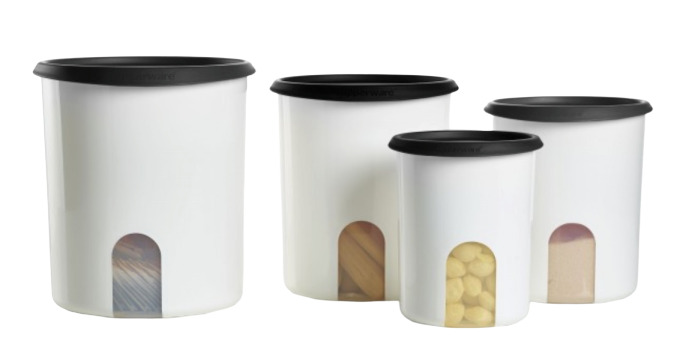 Tupperware One Touch Reminder Canisters Set of 4 EASY OPEN Black Seals New