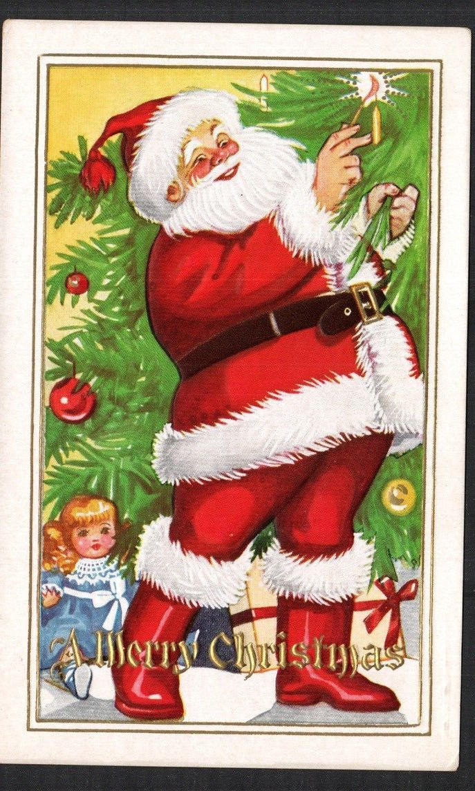Postcard DB A Merry Christmas Embossed Santa Lighting Candle On Tree Unposted