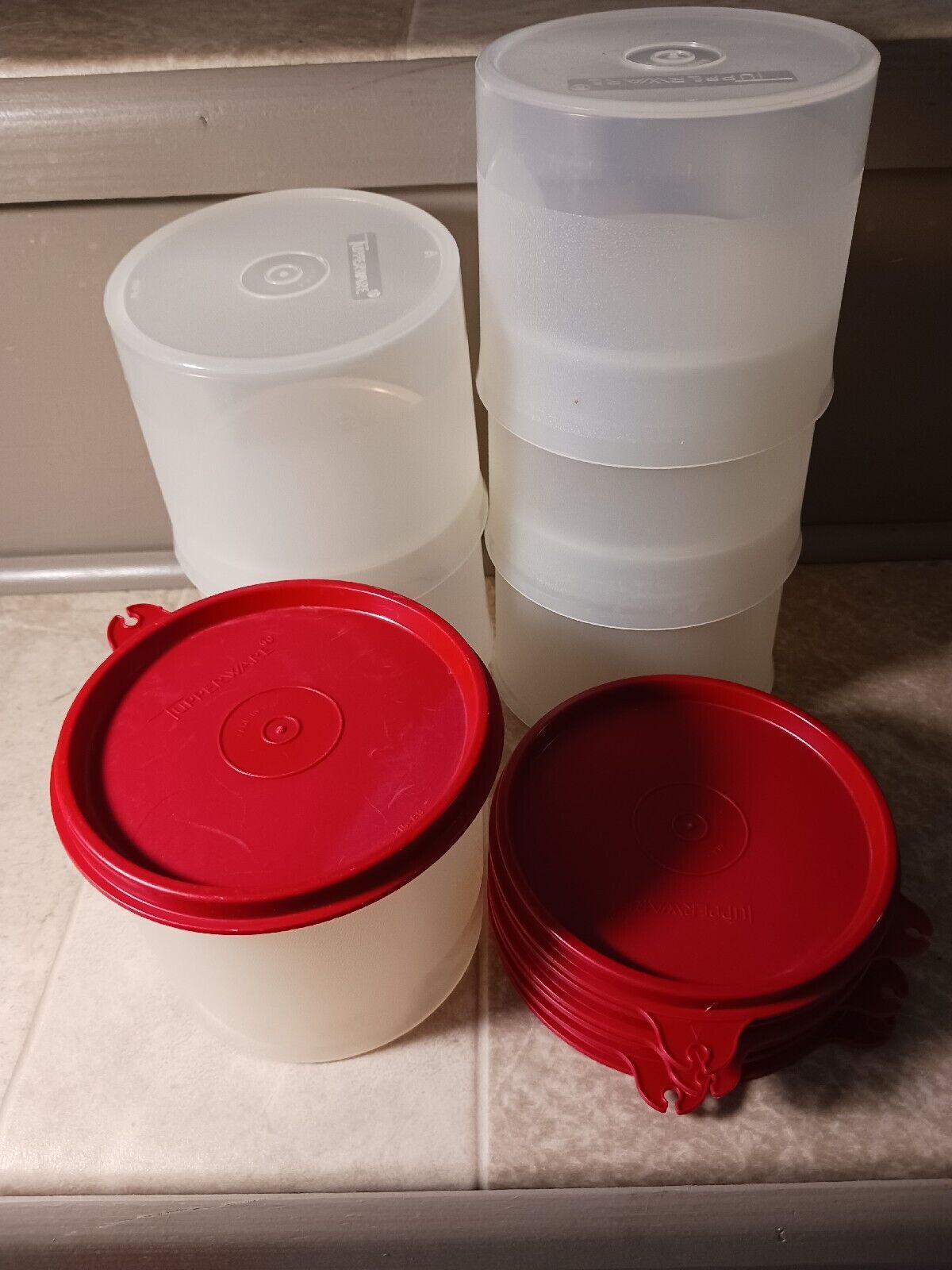 Tupperware Round Sheer Stack Container Canister #250 Cranberry Lid #215 Set of 6
